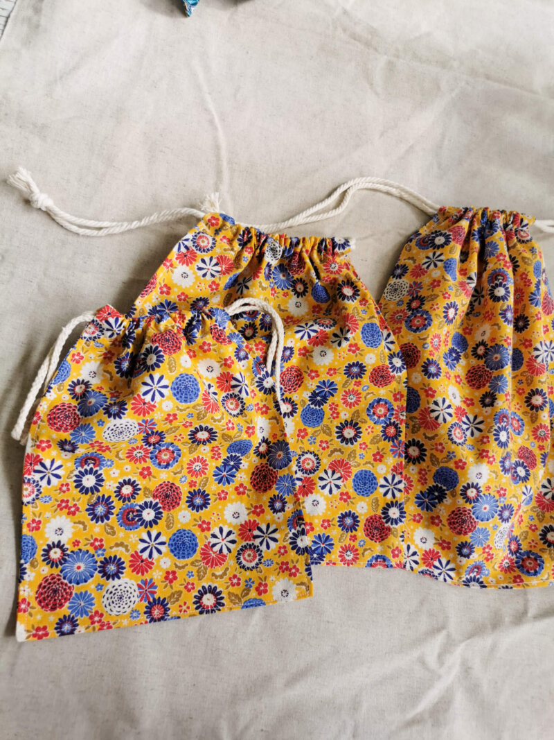 Lot de 3 sacs à vrac jaune, Lot de 3 sacs à vrac bleu, sac à vrac, sac zéro déchets , produits zéro déchets, sac à vrac en lot, sac à légumes, sac à fruits, sac en coton, saruimagine