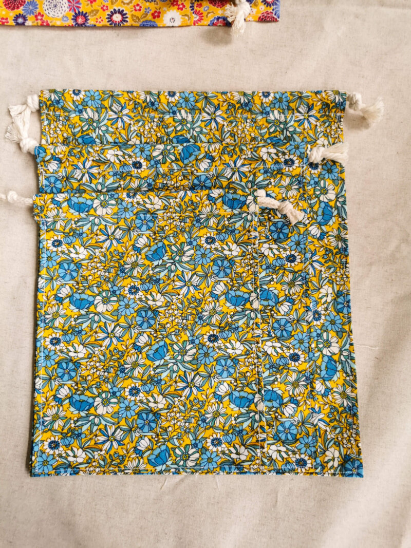Lot de 3 sacs à vrac jaune fleurs, Lot de 3 sacs à vrac bleu, sac à vrac, sac zéro déchets , produits zéro déchets, sac à vrac en lot, sac à légumes, sac à fruits, sac en coton, saruimagine