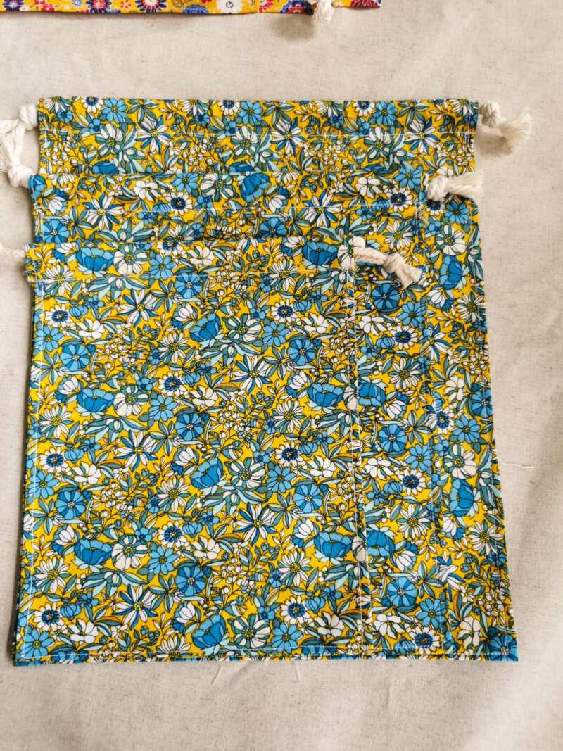 Lot de 3 sacs à vrac jaune fleurs, Lot de 3 sacs à vrac bleu, sac à vrac, sac zéro déchets , produits zéro déchets, sac à vrac en lot, sac à légumes, sac à fruits, sac en coton, saruimagine