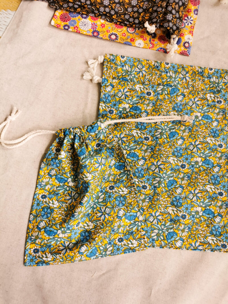Lot de 3 sacs à vrac jaune fleurs, Lot de 3 sacs à vrac bleu, sac à vrac, sac zéro déchets , produits zéro déchets, sac à vrac en lot, sac à légumes, sac à fruits, sac en coton, saruimagine