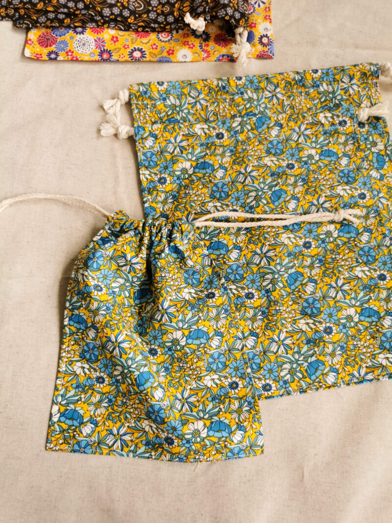 Lot de 3 sacs à vrac jaune fleurs, Lot de 3 sacs à vrac bleu, sac à vrac, sac zéro déchets , produits zéro déchets, sac à vrac en lot, sac à légumes, sac à fruits, sac en coton, saruimagine