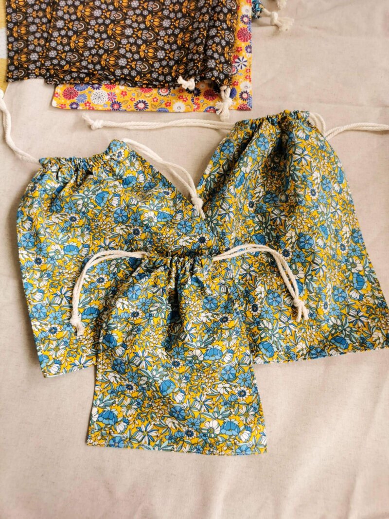 Lot de 3 sacs à vrac jaune fleurs, Lot de 3 sacs à vrac bleu, sac à vrac, sac zéro déchets , produits zéro déchets, sac à vrac en lot, sac à légumes, sac à fruits, sac en coton, saruimagine